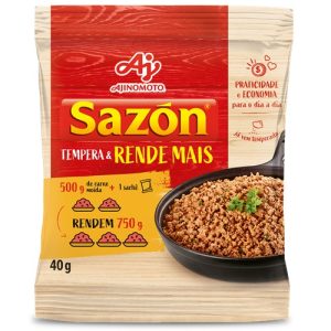 SAZÓN<sup>®</sup> Tempera & Rende Mais é uma mistura em pó que tempera a carne moída e faz seu prato render em até +250g, mantendo a suculência da carne moída durante todo o preparo.